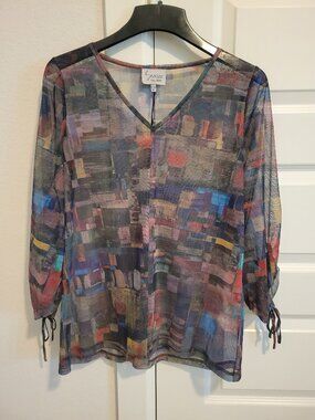 Lynn Ritchie Silver Abstract Sheer Blouse | V-Neck | Size Medium